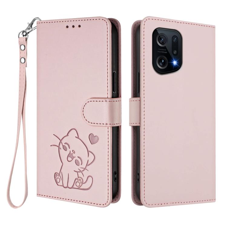 For OPPO Find X5 Embossed Heart Cat Leather Phone Case with Hand Strap