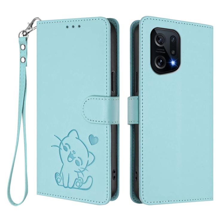 For OPPO Find X5 Embossed Heart Cat Leather Phone Case with Hand Strap