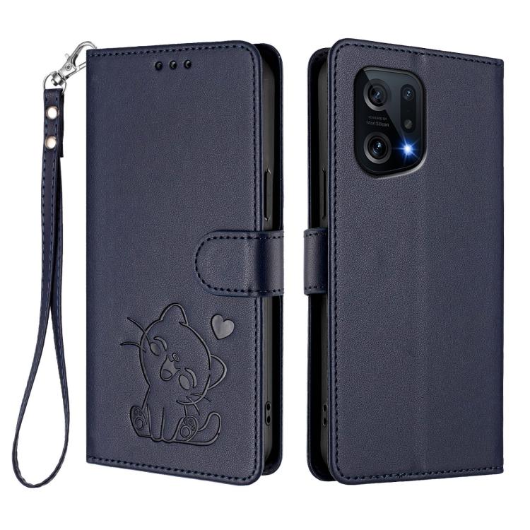 For OPPO Find X5 Embossed Heart Cat Leather Phone Case with Hand Strap