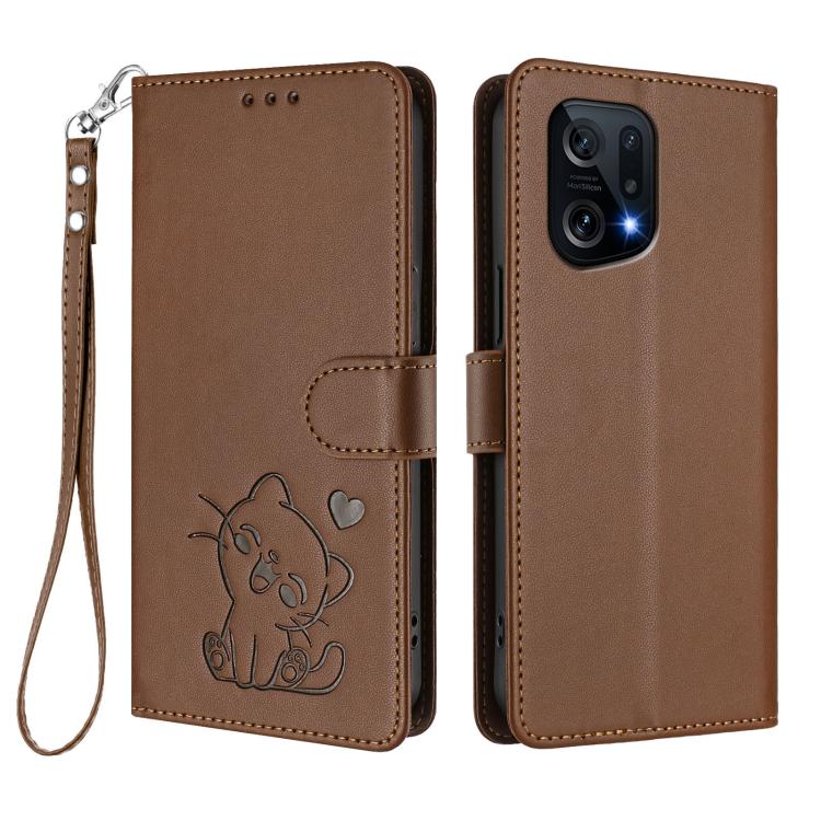 For OPPO Find X5 Embossed Heart Cat Leather Phone Case with Hand Strap
