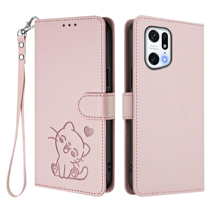 For OPPO Find X5 Pro Embossed Heart Cat Leather Phone Case with Hand Strap