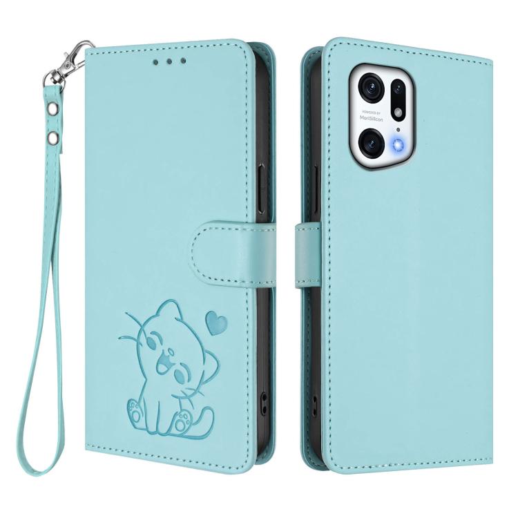 For OPPO Find X5 Pro Embossed Heart Cat Leather Phone Case with Hand Strap