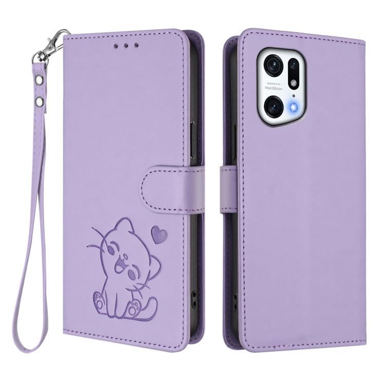 For OPPO Find X5 Pro Embossed Heart Cat Leather Phone Case with Hand Strap