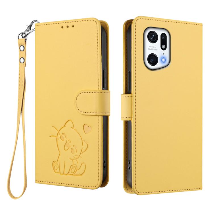 For OPPO Find X5 Pro Embossed Heart Cat Leather Phone Case with Hand Strap