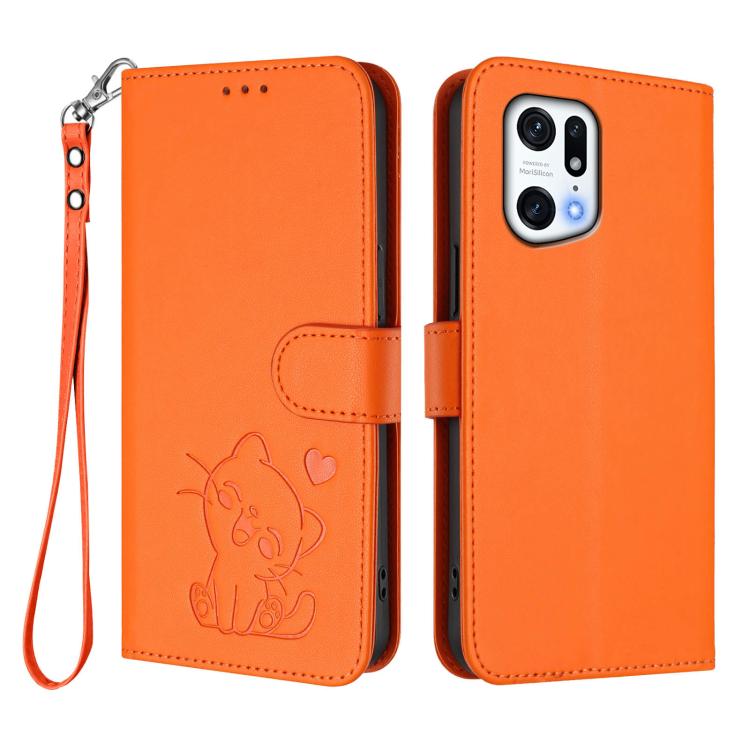 For OPPO Find X5 Pro Embossed Heart Cat Leather Phone Case with Hand Strap