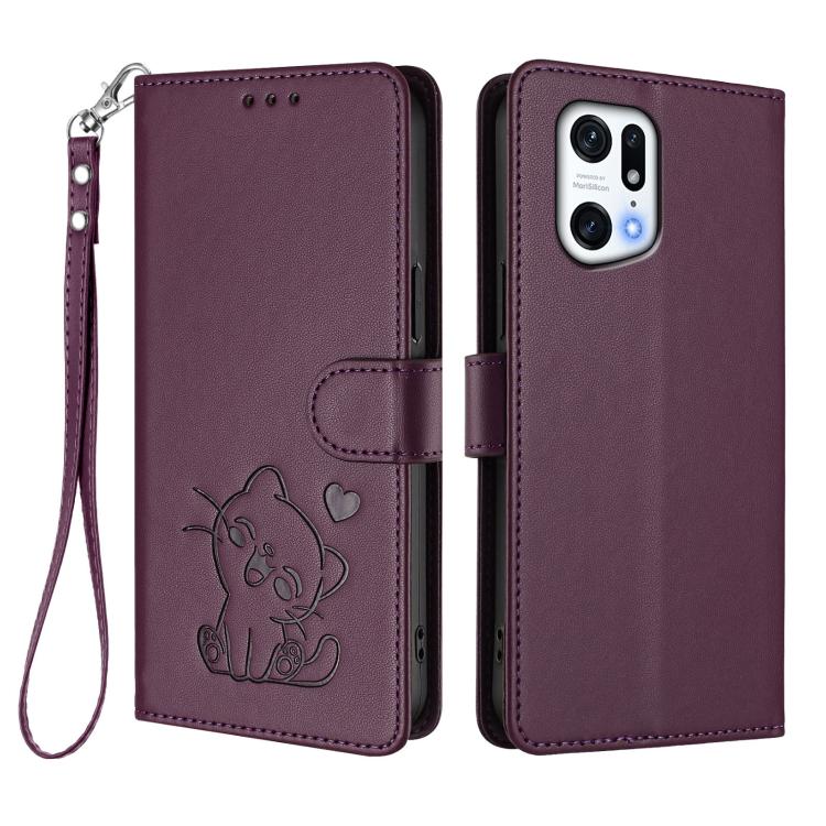 For OPPO Find X5 Pro Embossed Heart Cat Leather Phone Case with Hand Strap