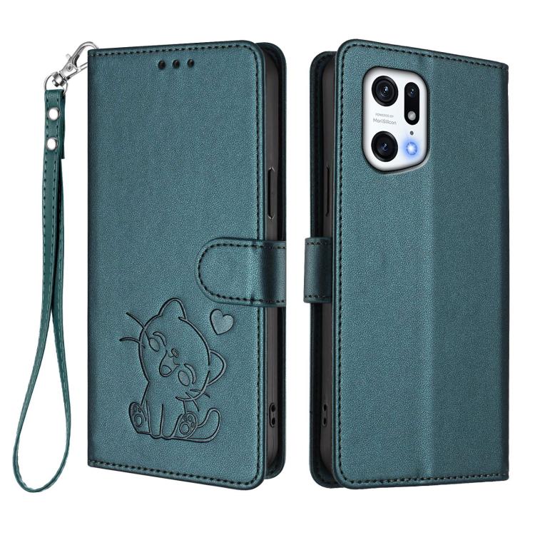 For OPPO Find X5 Pro Embossed Heart Cat Leather Phone Case with Hand Strap