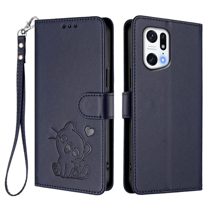 For OPPO Find X5 Pro Embossed Heart Cat Leather Phone Case with Hand Strap