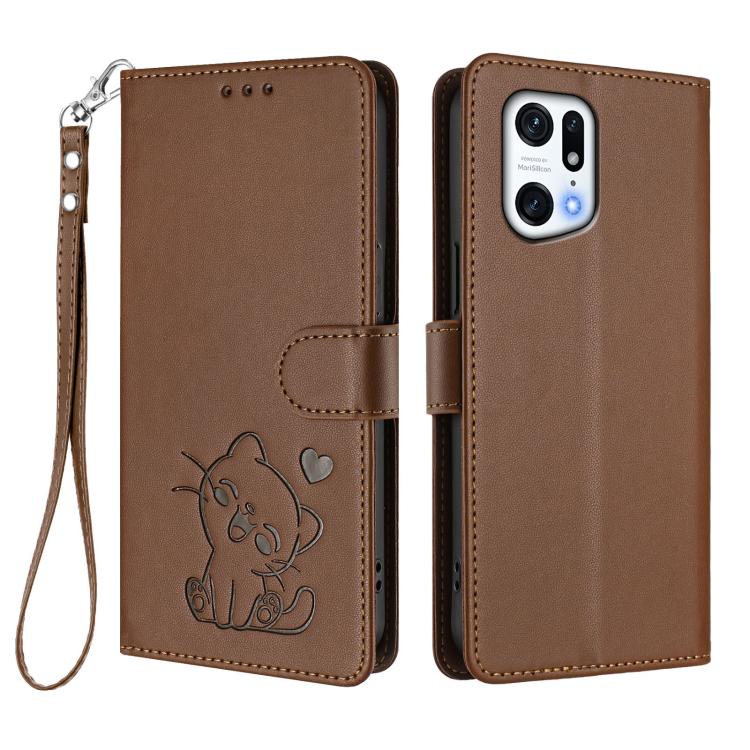 For OPPO Find X5 Pro Embossed Heart Cat Leather Phone Case with Hand Strap