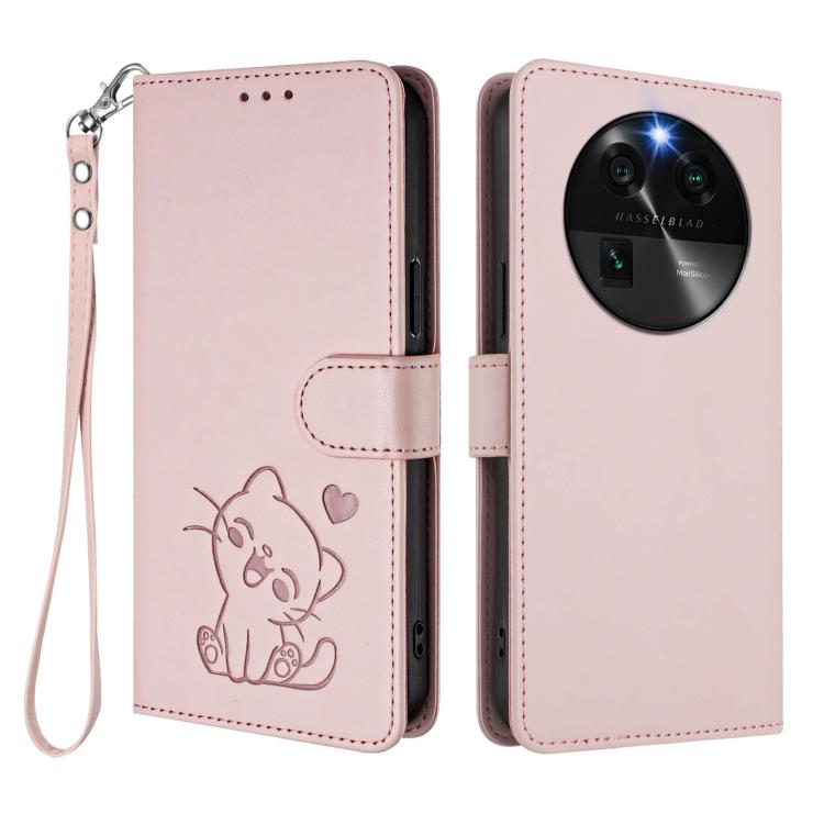 For OPPO Find X6 5G Embossed Heart Cat Leather Phone Case with Hand Strap