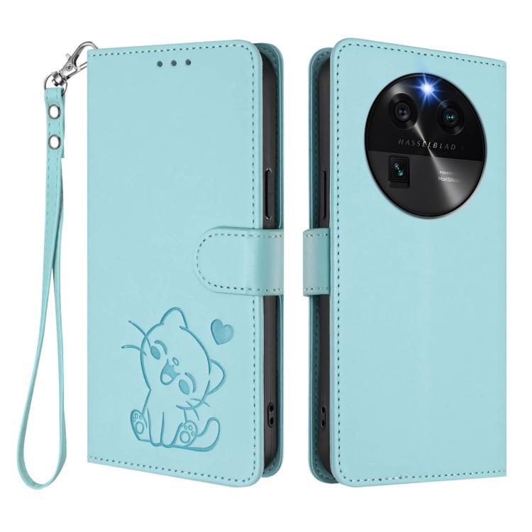 For OPPO Find X6 5G Embossed Heart Cat Leather Phone Case with Hand Strap