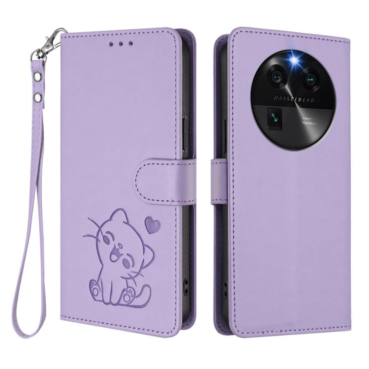For OPPO Find X6 5G Embossed Heart Cat Leather Phone Case with Hand Strap