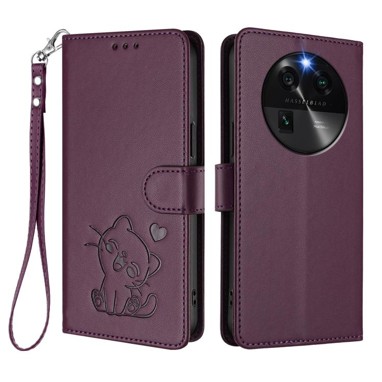 For OPPO Find X6 5G Embossed Heart Cat Leather Phone Case with Hand Strap