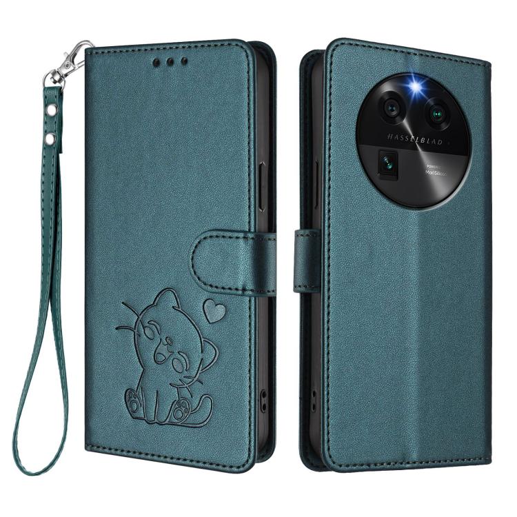 For OPPO Find X6 5G Embossed Heart Cat Leather Phone Case with Hand Strap