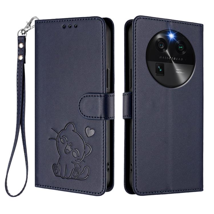 For OPPO Find X6 5G Embossed Heart Cat Leather Phone Case with Hand Strap