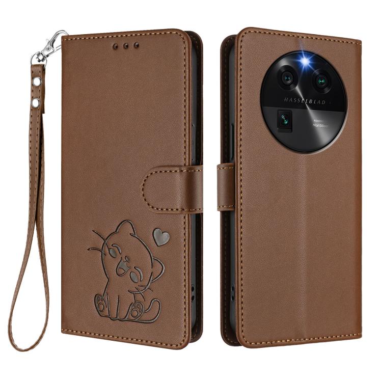 For OPPO Find X6 5G Embossed Heart Cat Leather Phone Case with Hand Strap