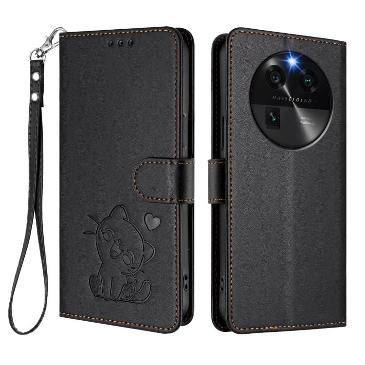 For OPPO Find X6 5G Embossed Heart Cat Leather Phone Case with Hand Strap