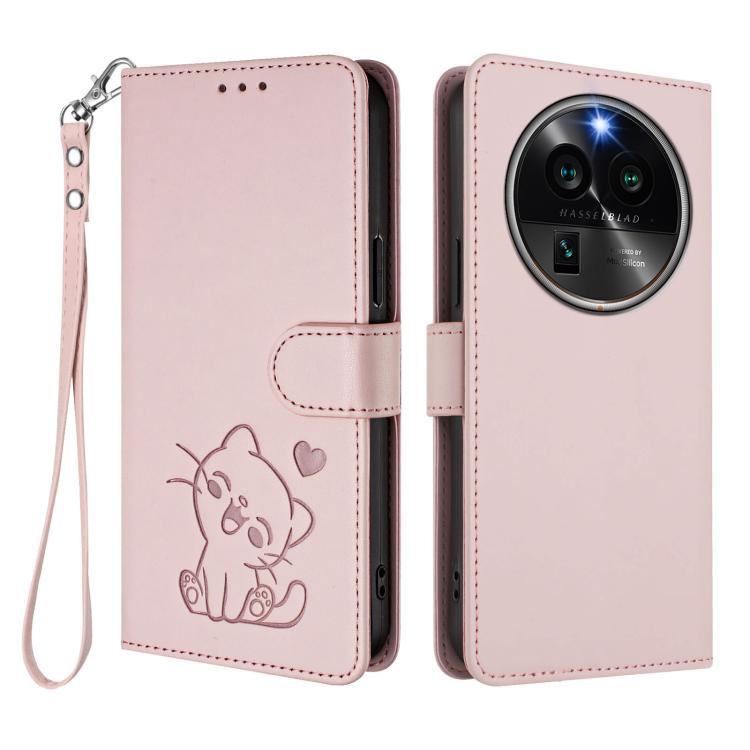 For OPPO Find X6 Pro 5G Embossed Heart Cat Leather Phone Case with Hand Strap