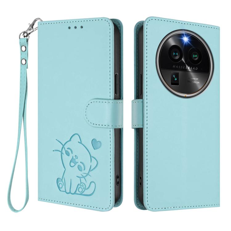 For OPPO Find X6 Pro 5G Embossed Heart Cat Leather Phone Case with Hand Strap