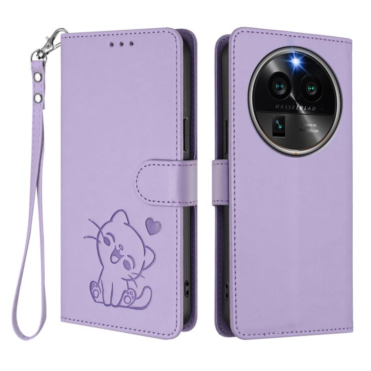For OPPO Find X6 Pro 5G Embossed Heart Cat Leather Phone Case with Hand Strap