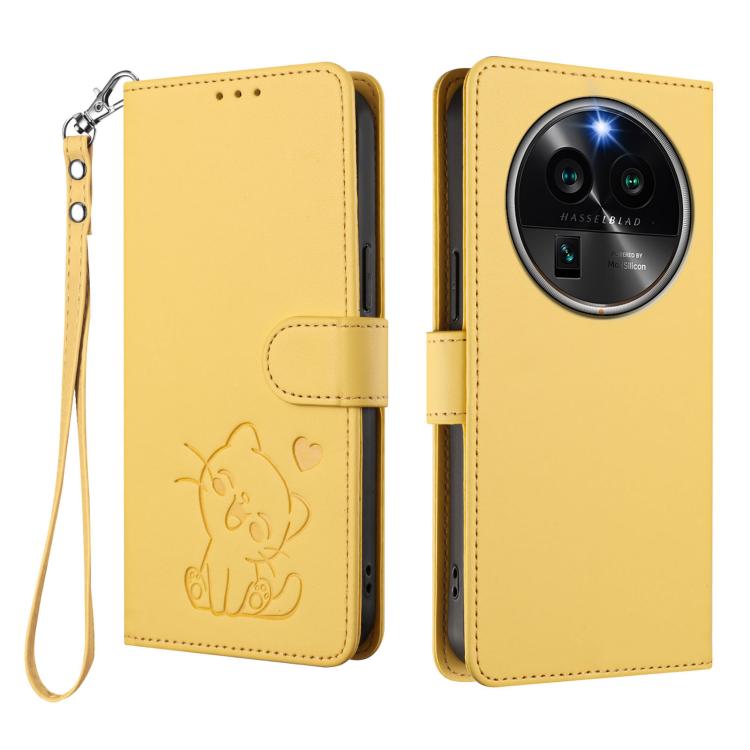 For OPPO Find X6 Pro 5G Embossed Heart Cat Leather Phone Case with Hand Strap