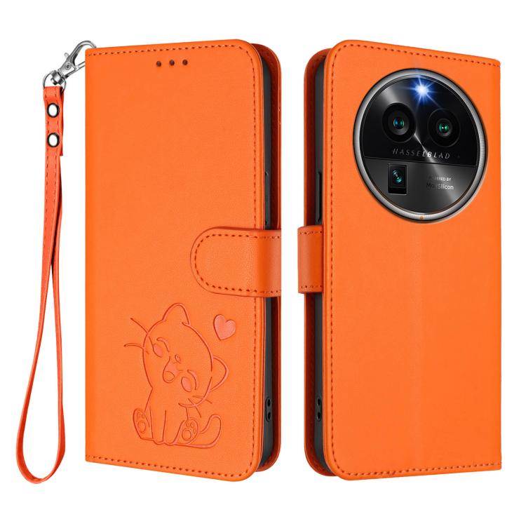 For OPPO Find X6 Pro 5G Embossed Heart Cat Leather Phone Case with Hand Strap