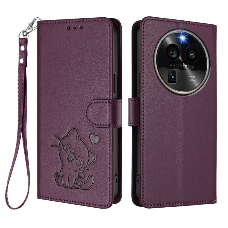 For OPPO Find X6 Pro 5G Embossed Heart Cat Leather Phone Case with Hand Strap