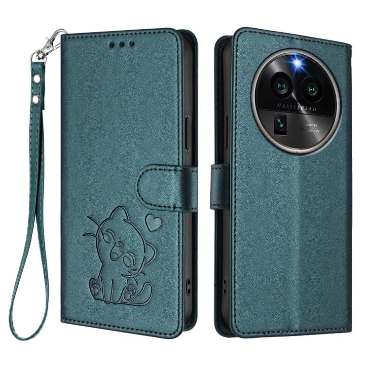 For OPPO Find X6 Pro 5G Embossed Heart Cat Leather Phone Case with Hand Strap