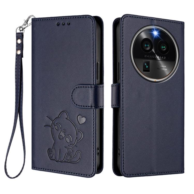For OPPO Find X6 Pro 5G Embossed Heart Cat Leather Phone Case with Hand Strap