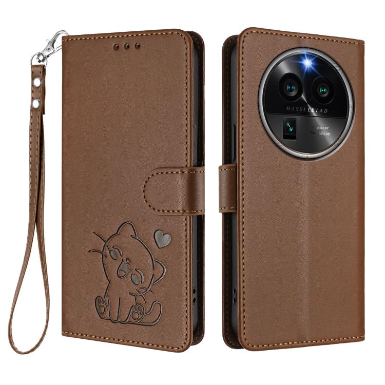 For OPPO Find X6 Pro 5G Embossed Heart Cat Leather Phone Case with Hand Strap
