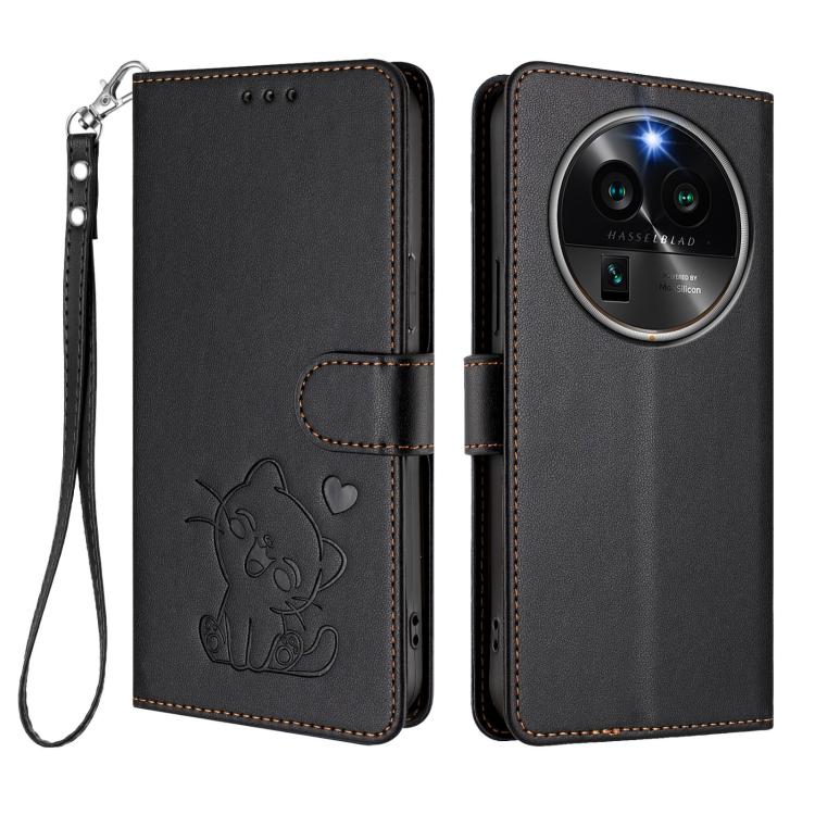 For OPPO Find X6 Pro 5G Embossed Heart Cat Leather Phone Case with Hand Strap