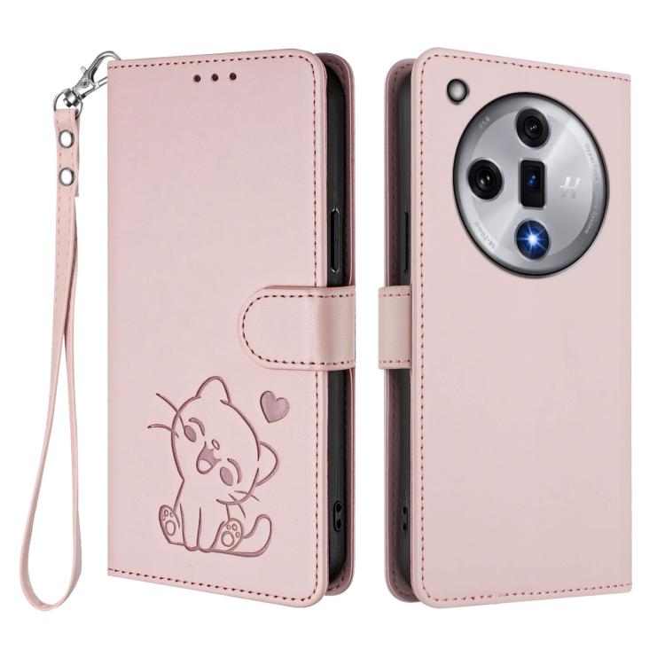 For OPPO Find X7 Embossed Heart Cat Leather Phone Case with Hand Strap