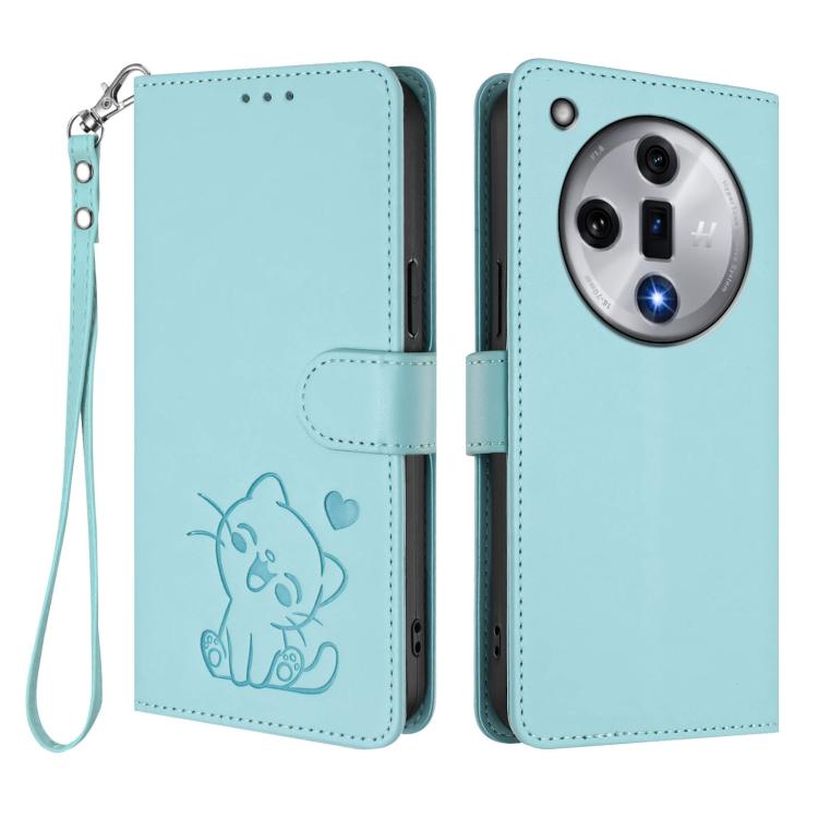 For OPPO Find X7 Embossed Heart Cat Leather Phone Case with Hand Strap