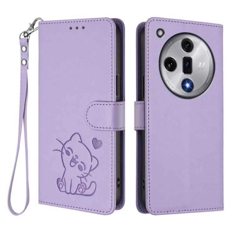 For OPPO Find X7 Embossed Heart Cat Leather Phone Case with Hand Strap