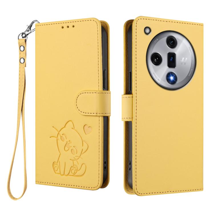 For OPPO Find X7 Embossed Heart Cat Leather Phone Case with Hand Strap