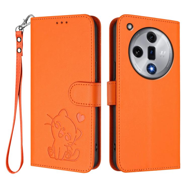 For OPPO Find X7 Embossed Heart Cat Leather Phone Case with Hand Strap