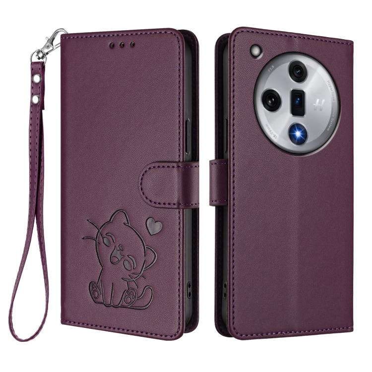 For OPPO Find X7 Embossed Heart Cat Leather Phone Case with Hand Strap