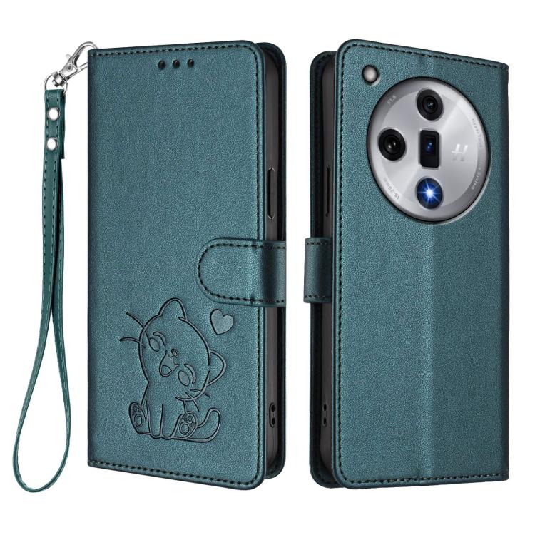 For OPPO Find X7 Embossed Heart Cat Leather Phone Case with Hand Strap