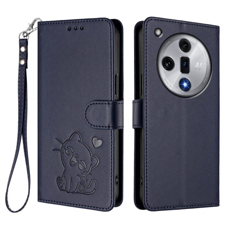 For OPPO Find X7 Embossed Heart Cat Leather Phone Case with Hand Strap