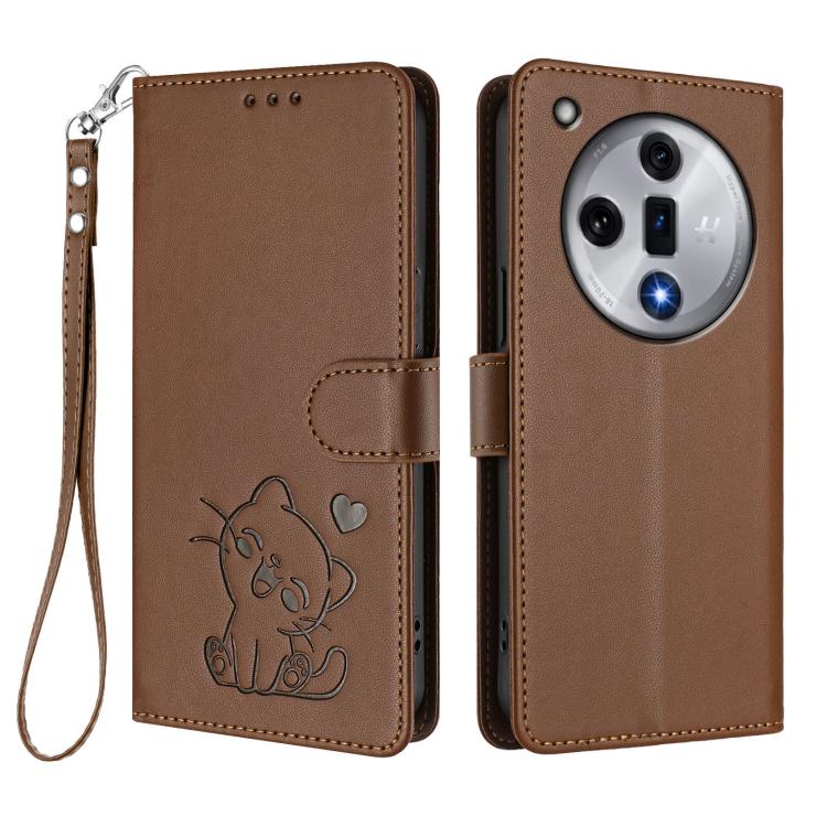 For OPPO Find X7 Embossed Heart Cat Leather Phone Case with Hand Strap