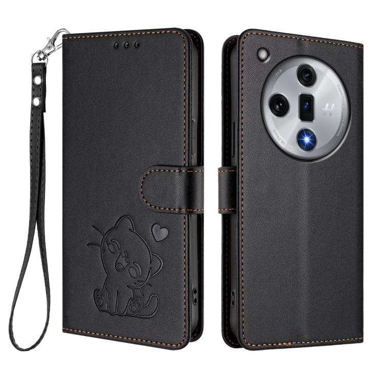 For OPPO Find X7 Embossed Heart Cat Leather Phone Case with Hand Strap