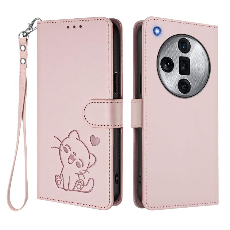 For OPPO Find X7 Ultra Embossed Heart Cat Leather Phone Case with Hand Strap