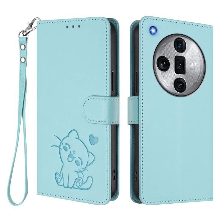 For OPPO Find X7 Ultra Embossed Heart Cat Leather Phone Case with Hand Strap