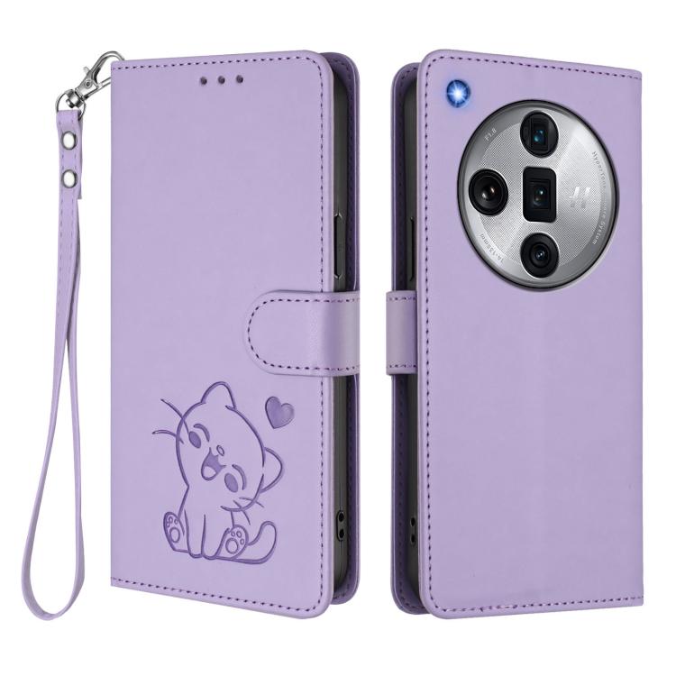 For OPPO Find X7 Ultra Embossed Heart Cat Leather Phone Case with Hand Strap
