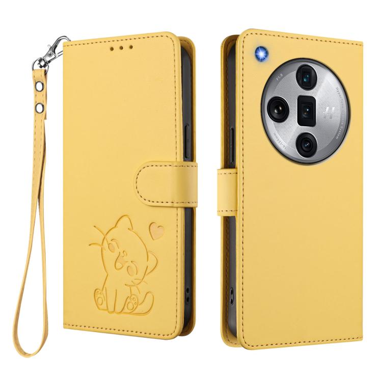 For OPPO Find X7 Ultra Embossed Heart Cat Leather Phone Case with Hand Strap