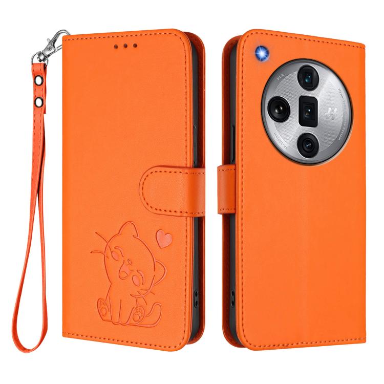 For OPPO Find X7 Ultra Embossed Heart Cat Leather Phone Case with Hand Strap
