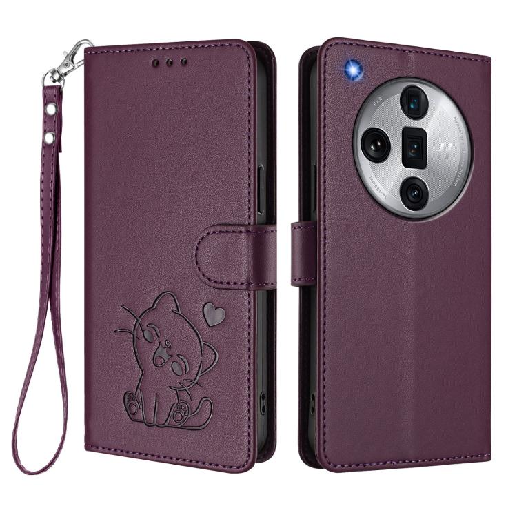 For OPPO Find X7 Ultra Embossed Heart Cat Leather Phone Case with Hand Strap