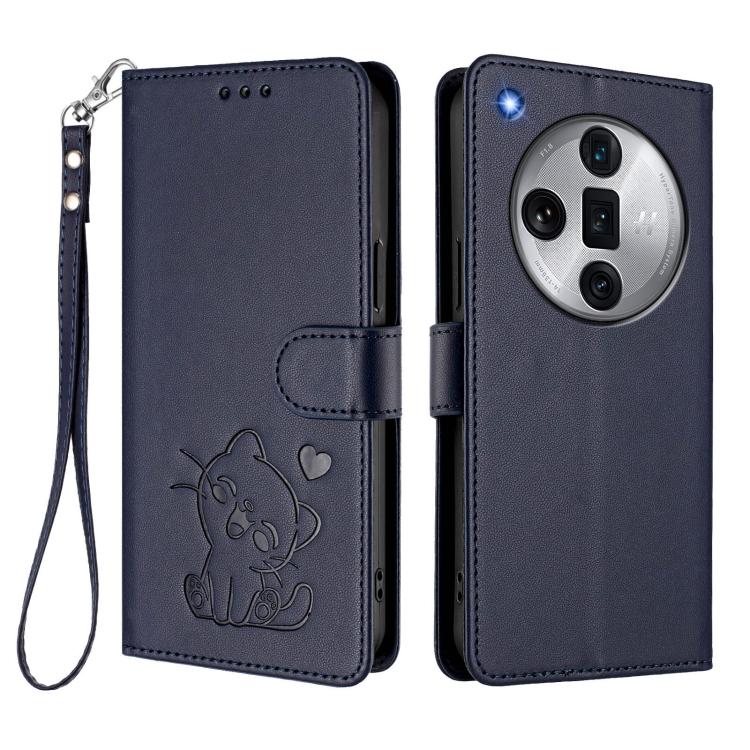 For OPPO Find X7 Ultra Embossed Heart Cat Leather Phone Case with Hand Strap