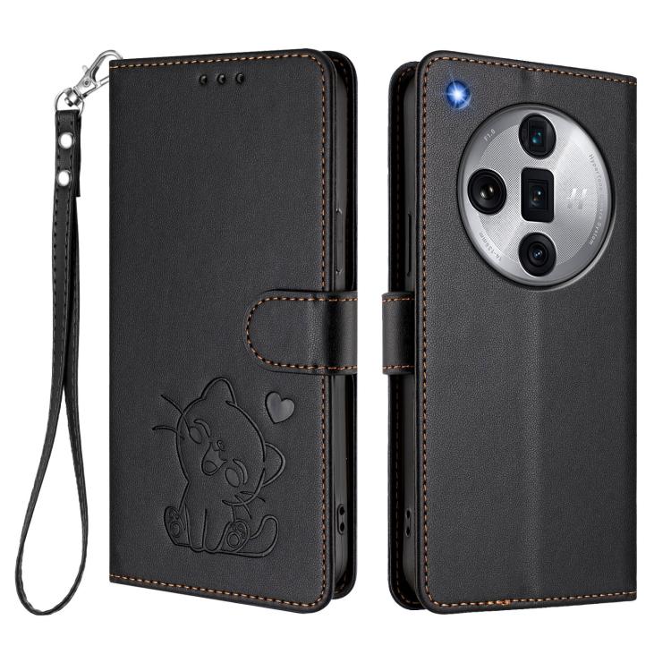For OPPO Find X7 Ultra Embossed Heart Cat Leather Phone Case with Hand Strap