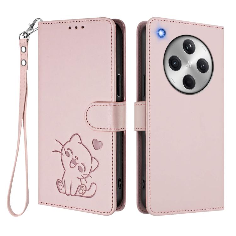 For OPPO Find X8 5G Embossed Heart Cat Leather Phone Case with Hand Strap